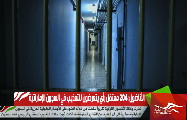 الأناضول: 204 معتقل رأي يتعرضون للتعذيب في السجون الإماراتية