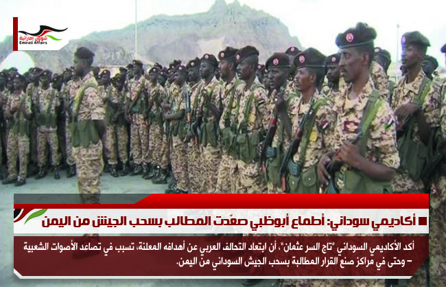 أكاديمي سوداني: أطماع أبوظبي صعّدت المطالب بسحب الجيش من اليمن