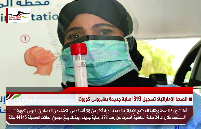 الصحة الإماراتية: تسجيل 393 اصابة جديدة بفايروس كورونا